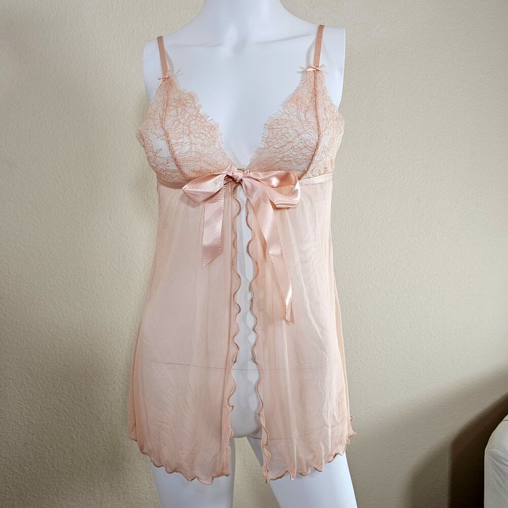 Sheer Lace Satin-Trim Babydoll Nightdress - Peach